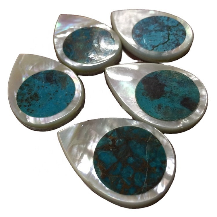 Turquoise MOP Shell Mosaic Cabochons Abalone Mosaic MOP Pear pendant bead gemstone