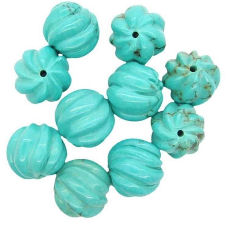 Turquoise Round Beads with carved Flowers Vintage Blue gemstone Beads with turquoise FlowersBulk Jewelry