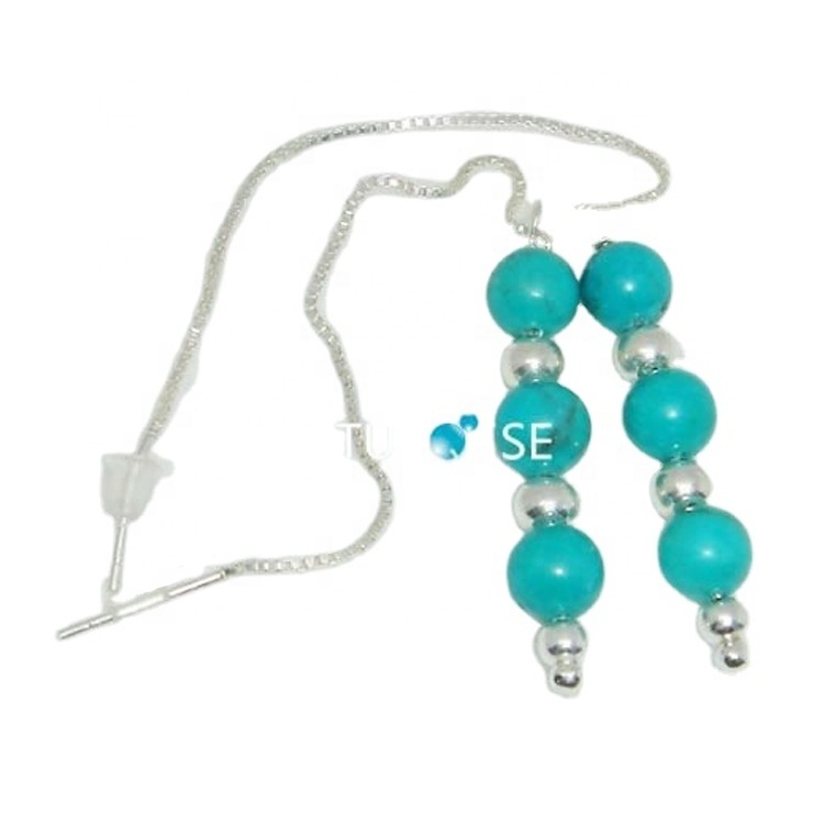 Big turquoise earrings jewellery Sterling Silver turquoise earring Genuine Turquoise round bead earrings