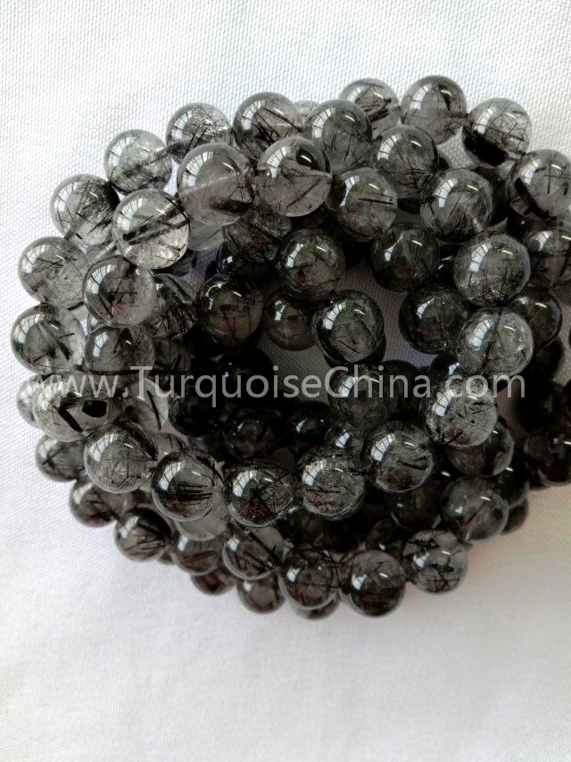 Natural Black Rutilated Quartz Crystal Round Beads Women Men Bracelet Jewelry