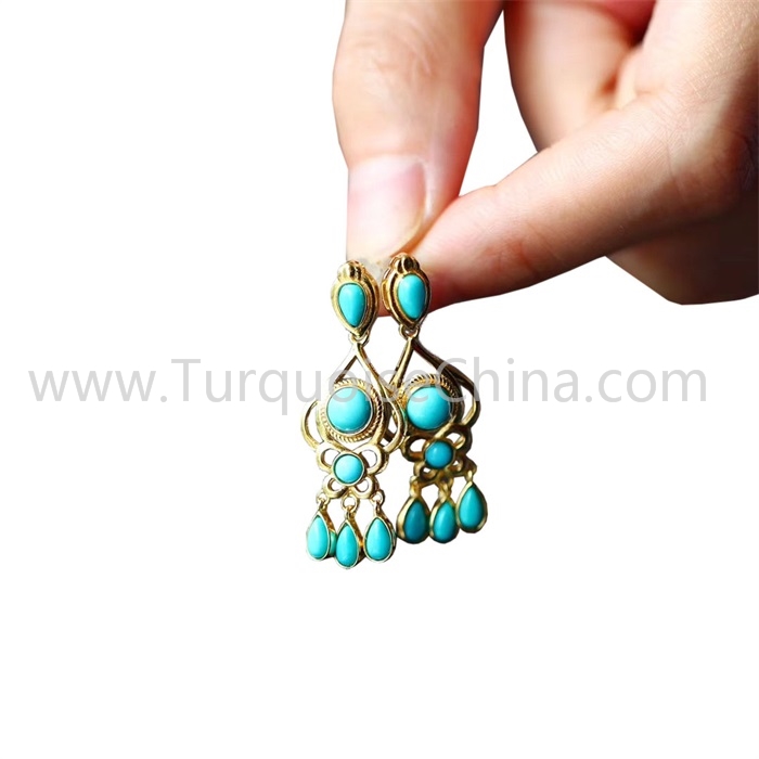 Genuine Natural Turquoise Gemstone Gold Earrings