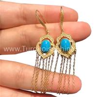 Natural Oval Turquoise Gemstone Dangler Gold Earrings