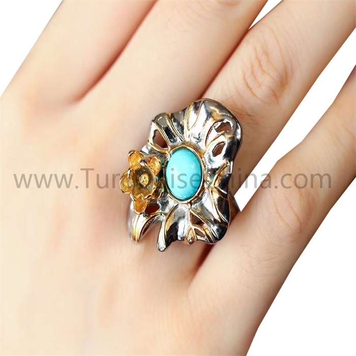 Genuine Turquoise Round Gemstone Flower-shape Ring
