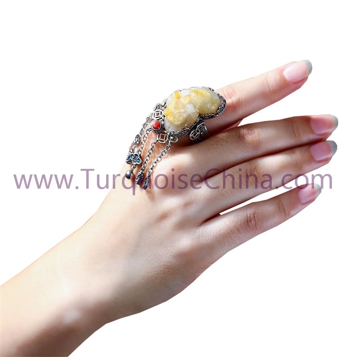 Natural Beeswax Amber In White And Yellow Color Pi Xiu Ring