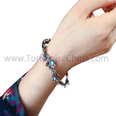 Natural Turquoise Gemstone Flower-shape Sterling Silver Bracelet