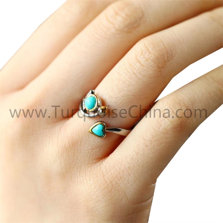 Turquoise 925 Sterling Silver Ring Woman’s Jewelry With Heart-shape And Round Cabochon