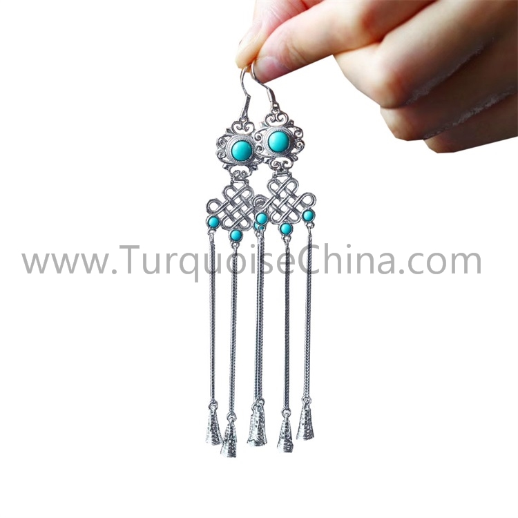 Turquoise Chinese Lucky Knot Tassel Dangler 925 Sterling Silver Earrings